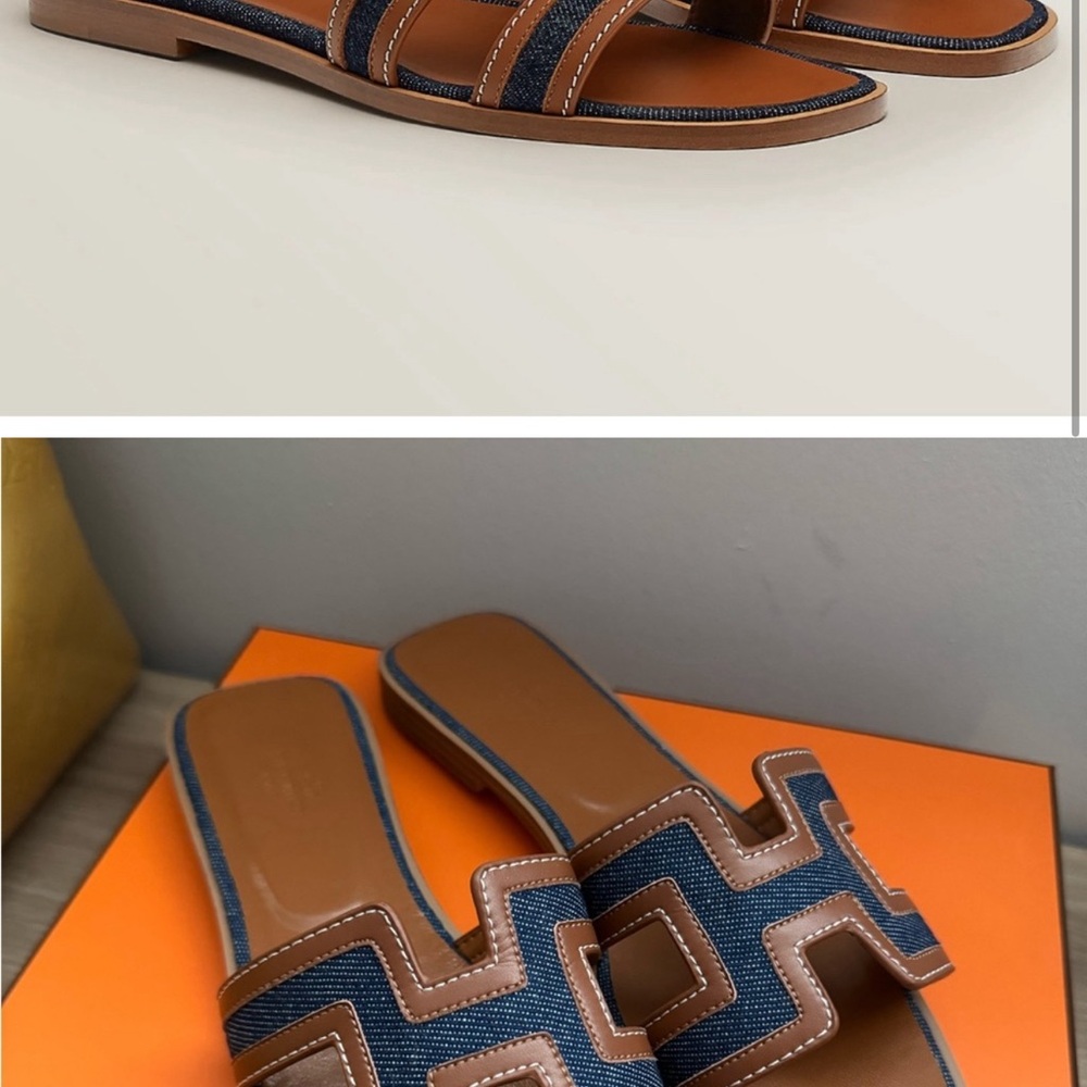 Authentic Hermès Oran Sandals in Denim & Brown – Effortlessly Luxe Parisian Cool